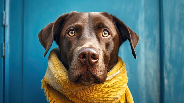 Adorable Brown Labrador Dog Hides Behind Blue Wall, Wearing a Bright Yellow Scarf. Generative AI