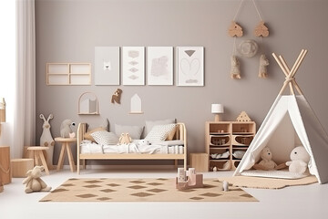 Modern eco-friendly kids room with wooden accents, colorful toys, and  a poster mockup in Scandinavian style. Generative AI