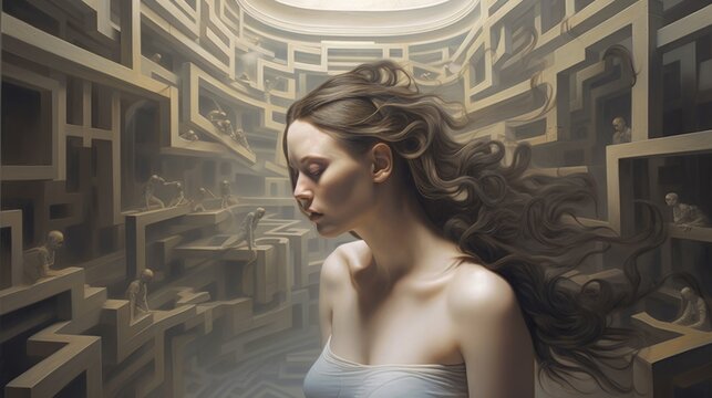 Woman in a maze of her own mind concept of mental health problem for mental health awareness month generative ai	
