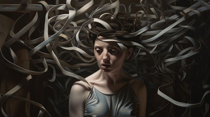 Woman in a maze of her own mind concept of mental health problem for mental health awareness month generative ai	