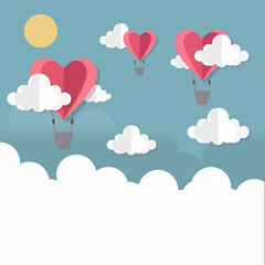 Paper art of heart balloon flying in the sky. Valentine's day concept. vector  illustration - Vector