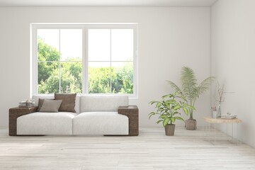 Bright interior design with modern furniture and summer landscape in window. 3D illustration