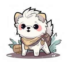 Cute little white puppy dog traveller, adventurer, cartoon chibi style, AI generative illustration