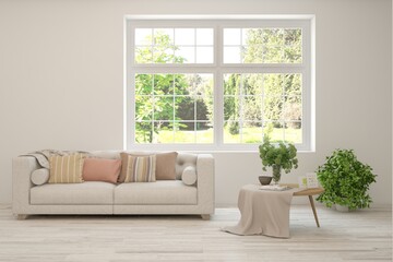 Bright interior design with modern furniture and summer landscape in window. 3D illustration