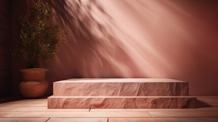 Leere, altrosa farbige Plattform für Produktpräsentation aus Sandstein auf hellen Fliesen vor altrosa Sandsteinwand und einer Pflanze im Blumentopf, Generative AI