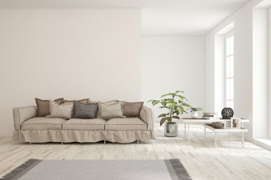 White living room with sofa. Scandinavian interior design. 3D illustration