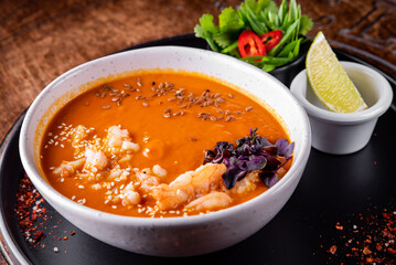 Tom Yam kung Spicy Thai soup with shrimp, seafood, coconut milk and chili pepper in bowl on wooden background