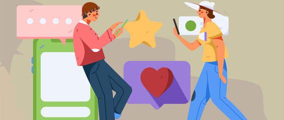 Virtual characters social communication concept business flat vector hand drawn illustration
