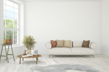 Fototapeta premium Bright interior design with modern furniture and summer landscape in window. 3D illustration