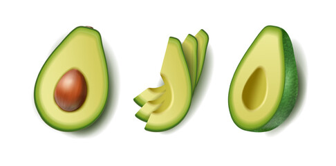 3d realistic vector icon set. Avocado set in half sliced. Isolated on white background.