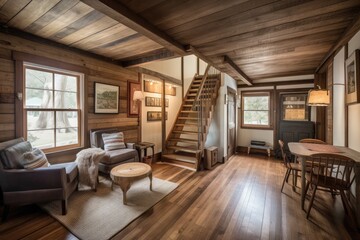 Fototapeta na wymiar rustic cottage with warm wood floors, natural light, and cozy furnishings, created with generative ai