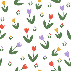 Obraz na płótnie Canvas Seamless pattern tulip and leaf. Colorful flowers. Cute floral print. Vector texture for fabric, textile, wallpaper, web, wrapping, postcard, banner ets.
