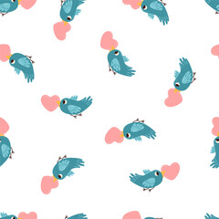 Bird Holding Heart in Its Beak. Valentine Day Celebration. Love Message Vector seamless pattern