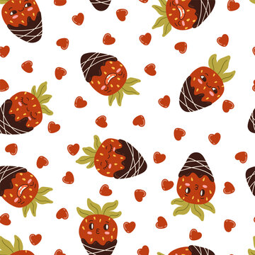 Cartoon strawberry fruit mascot, emoji expressions vector seamless pattern. Funny face food character emoticon chocolate dessert texture.