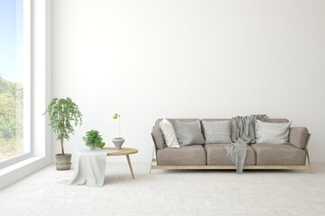 White modern interior design with sofa. Scandinavian interior design. 3D illustration