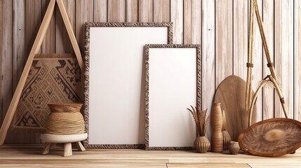 Obraz na płótnie Canvas Mockup frame in nomadic boho interior background with rustic decor, 3d render