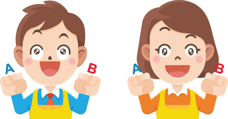 Cartoon boy and girl decision between right or left, yes or no, Chose hand A and B,, Thinking  surrounded, Vector illustrator