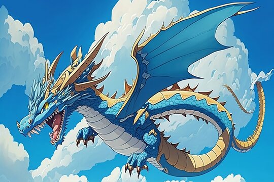 The Flight Of A Blue Dragon In The Blue Sky In The Style Of Japanese Anime