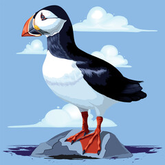 Puffin Cute Atlantic Seabird standing on a rock in the Ocean Vector Illustration