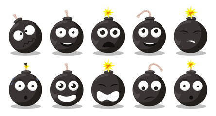 Cartoon bomb emotions set. Doodle explosive round weapon mascot with funny cartoon faces and expressions.