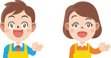 Cartoon boy and girl Showing hand Sign, Happy stylish girl pointing hand to introduce something, Showing hand at direction, Vector illustrator