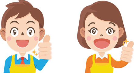 Cartoon boy and girl give thumbs up with a happy look,  Positive hand gesture, Vector illustrator