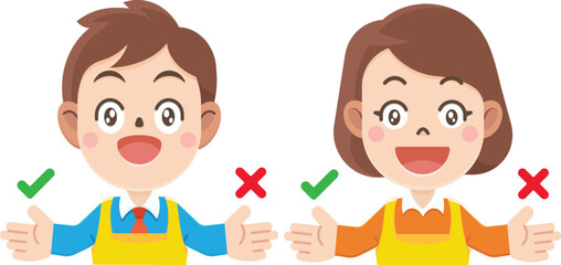 Cartoon Boy and Girl Holding a Wrong Sign, Showing Wrong Sign, Vector illustrator