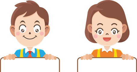 Cartoon boy and girl holding empty banner or board, holding blank banner, Ready for your message, Vector illustrator