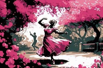 tango dancer twirls in park, surrounded by blooming flowers, created with generative ai - obrazy, fototapety, plakaty