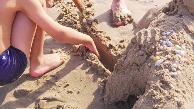 Summer at the Beach: close up of father and Son hands playing on the Sand with shells. Unrecognizable real people. 4k video