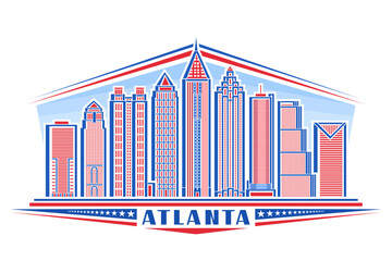Vector illustration of Atlanta, horizontal badge with linear design famous georgian atlanta city scape on day sky background, red urban line art concept with decorative lettering for blue text atlanta - obrazy, fototapety, plakaty