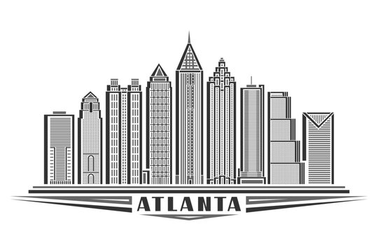 Vector illustration of Atlanta, monochrome horizontal card with linear design atlanta city scape, american urban line art concept with decorative lettering for black text atlanta on white background