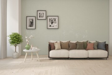 White living room with sofa. Scandinavian interior design. 3D illustration