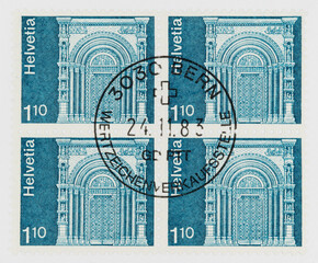 briefmarke stamp vintage retro alt old grün green blau blue tor gate tür door helvetia schweiz...