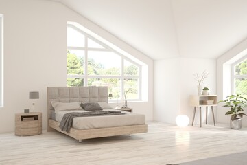 White bedroom concept. Scandinavian interior design. 3D illustration