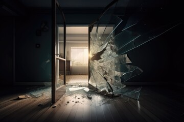 crack in glass door, leading to dramatic reveal of the room beyond, created with generative ai - obrazy, fototapety, plakaty