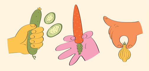 Set of colorful hands holding vegetables. Vector illustration of hands and vegetables.