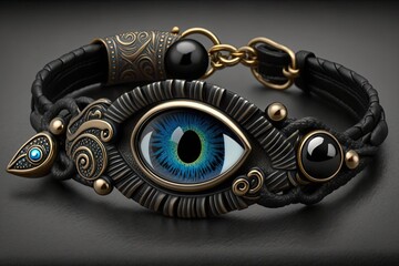 evil eye bracelet made of black leather with charms and beads to ward off evil, created with generative ai