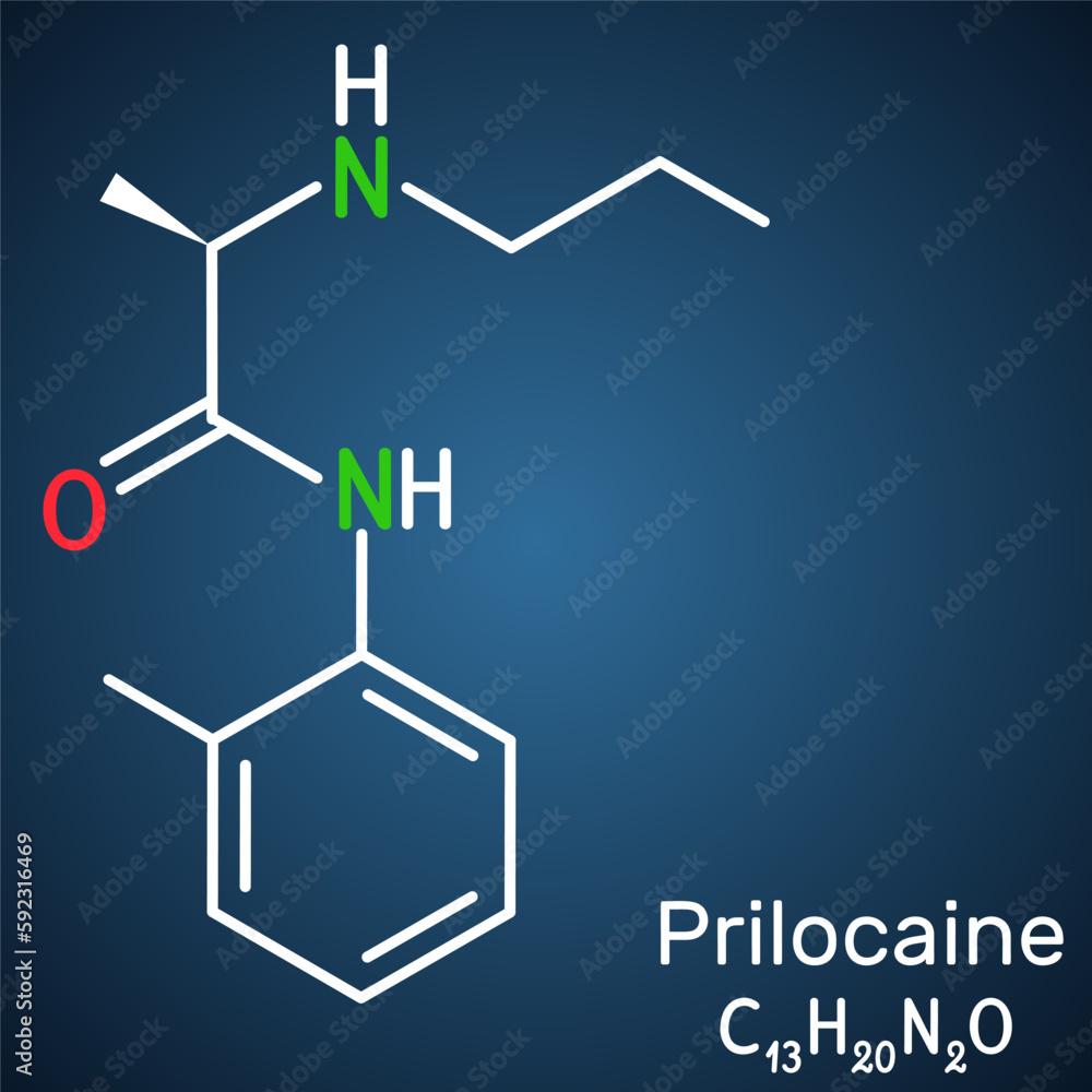 Poster prilocaine molecule. it is local anesthetic, used in dental procedures. structural chemical formula 