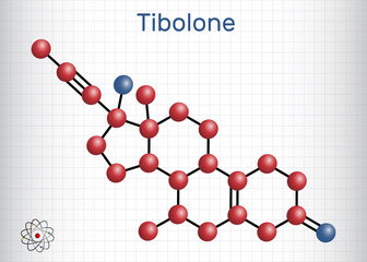 Tibolone molecule. It is anabolic steroid hormone drug, synthetic estrogen, used for treatment of symptoms of menopause, osteoporosis. Molecule model. Sheet of paper in a cage.