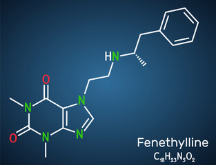 Fenethylline, phenethylline, amfetyline, fenetylline molecule. It is psychostimulant, narcotic, codrug of amphetamine and theophylline. Dark blue background