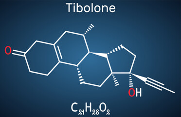 Tibolone molecule. It is anabolic steroid hormone drug, synthetic estrogen, used for treatment of symptoms of menopause, osteoporosis. Structural chemical formula on the dark blue background.