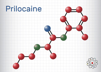 Prilocaine molecule. It is local anesthetic, used in dental procedures. Structural chemical formula and molecule model. Sheet of paper in a cage