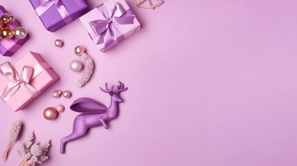 クリスマスのコンセプト。紫色のギフトボックスとリボンの写真、ピンクとバイオレットの飾り、トナカイの飾り、紙吹雪、パステルピンクの背景GenerativeAI
