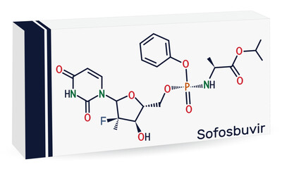 Sofosbuvir molecule. It is antiviral drug, used to treat  hepatitis C virus, HCV infections. Skeletal chemical formula. Paper packaging for drugs