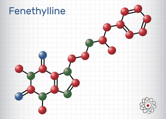 Fenethylline, phenethylline, amfetyline, fenetylline molecule. It is psychostimulant, narcotic, codrug of amphetamine and theophylline. Sheet of paper in a cage