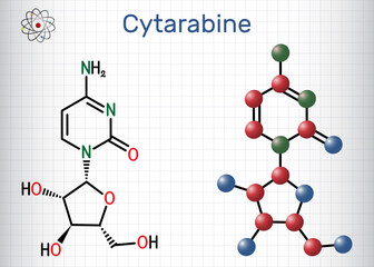 Cytarabine, cytosine arabinoside, ara-C molecule. It is chemotherapy medication. Structural chemical formula and molecule model. Sheet of paper in a cage.