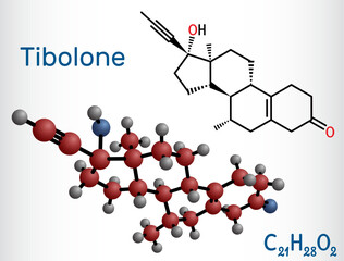 Tibolone molecule. It is anabolic steroid hormone drug, synthetic estrogen, used for treatment of symptoms of menopause, osteoporosis. Structural chemical formula, molecule model.