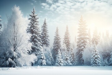 Winter background of a snowy pine forest
