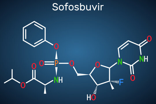 Sofosbuvir molecule. It is antiviral drug, used to treat  hepatitis C virus, HCV infections. Structural chemical formula on the dark blue background.
